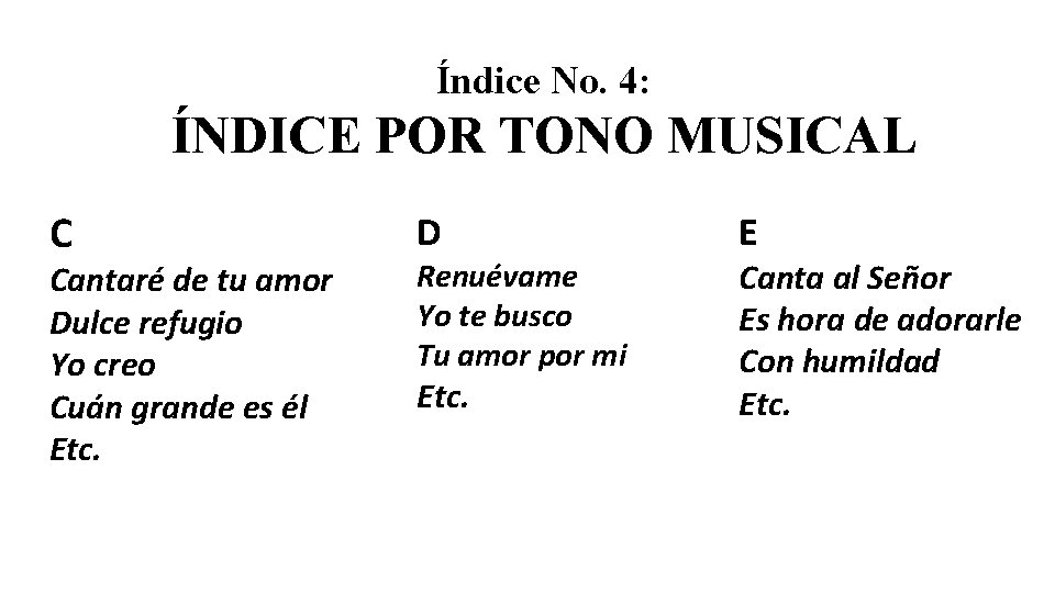 Índice No. 4: ÍNDICE POR TONO MUSICAL C Cantaré de tu amor Dulce refugio