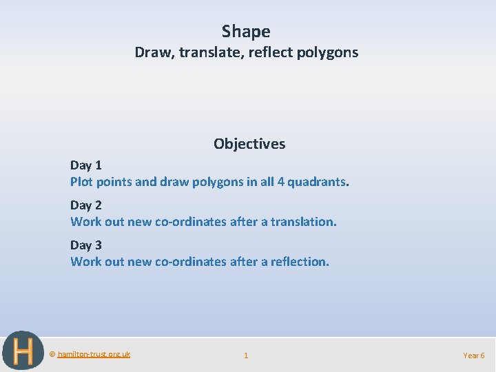 Shape Draw, translate, reflect polygons Objectives Day 1 Plot points and draw polygons in