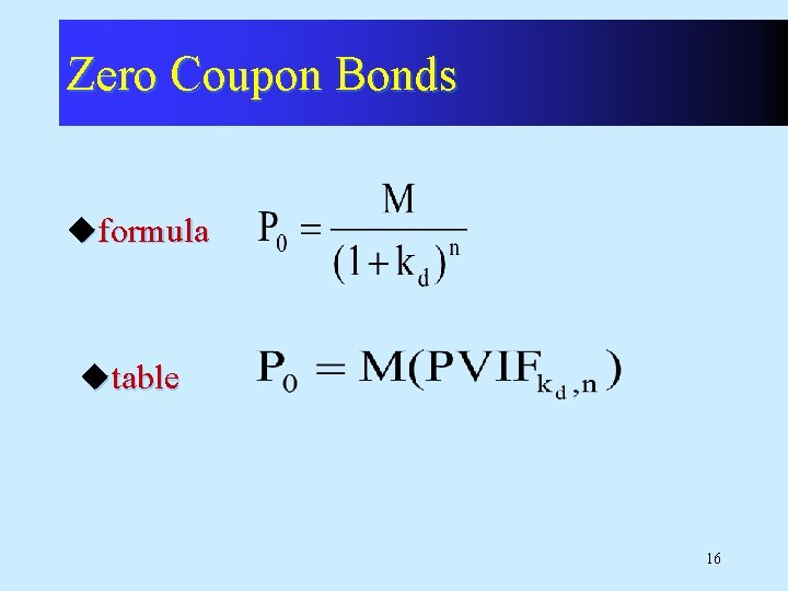 Zero Coupon Bonds uformula utable 16 