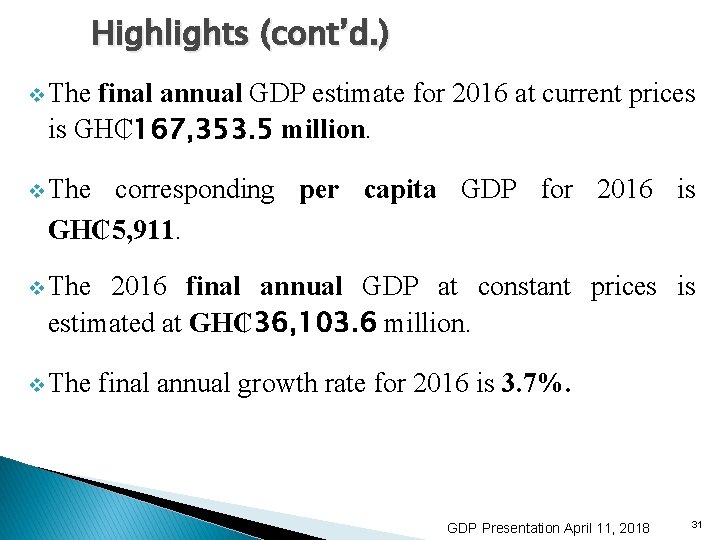 Highlights (cont’d. ) v The final annual GDP estimate for 2016 at current prices