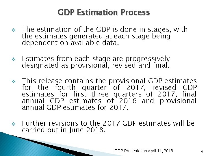 GDP Estimation Process v v The estimation of the GDP is done in stages,