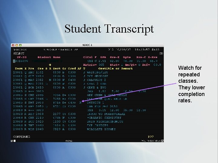 Student Transcript Watch for repeated classes. They lower completion rates. 