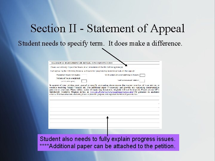 Section II - Statement of Appeal Student needs to specify term. It does make
