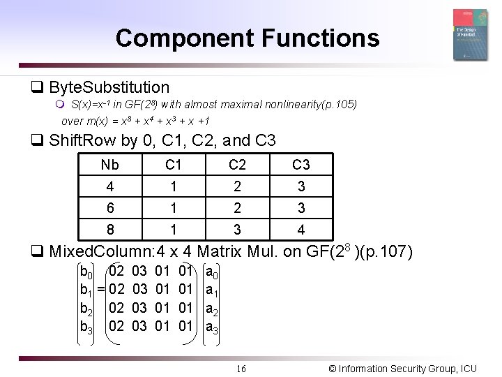 Component Functions q Byte. Substitution m S(x)=x-1 in GF(28) with almost maximal nonlinearity(p. 105)