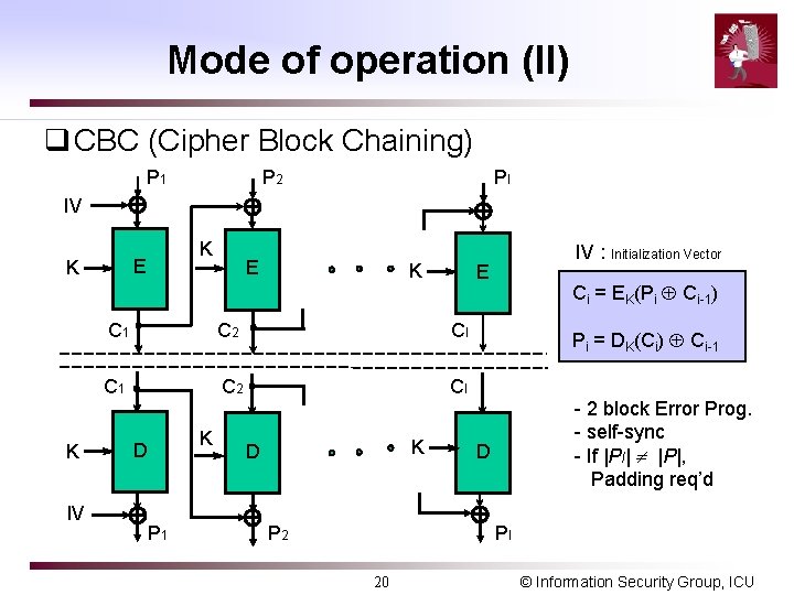 Mode of operation (II) q CBC (Cipher Block Chaining) P 1 P 2 Pl