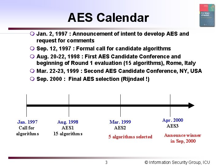 AES Calendar m Jan. 2, 1997 : Announcement of intent to develop AES and