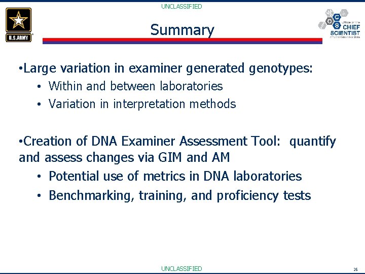 UNCLASSIFIED Summary • Large variation in examiner generated genotypes: • Within and between laboratories