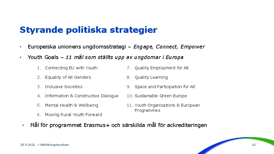 Styrande politiska strategier • Europeiska unionens ungdomsstrategi – Engage, Connect, Empower • Youth Goals