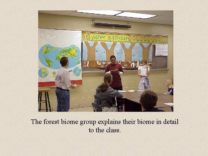 The forest biome group explains their biome in detail to the class. 