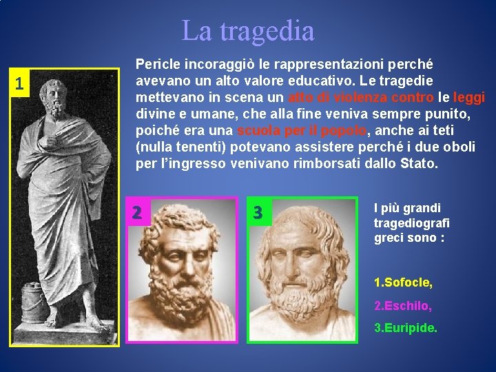 La tragedia 1 Pericle incoraggiò le rappresentazioni perché avevano un alto valore educativo. Le