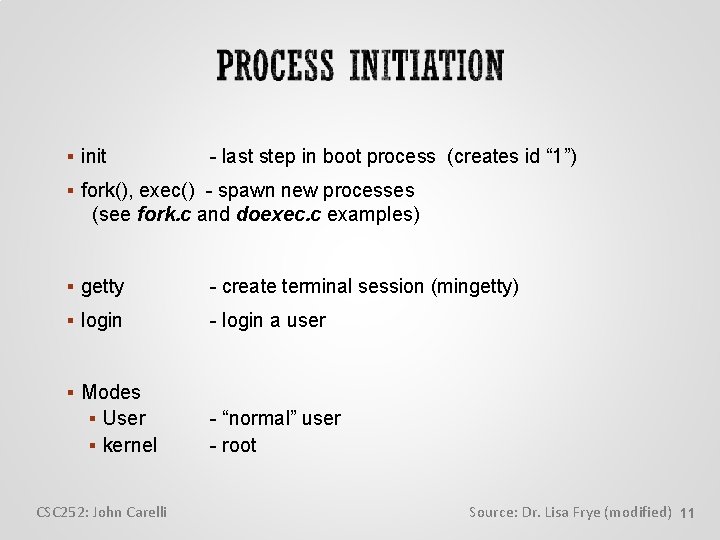  init - last step in boot process (creates id “ 1”) fork(), exec()