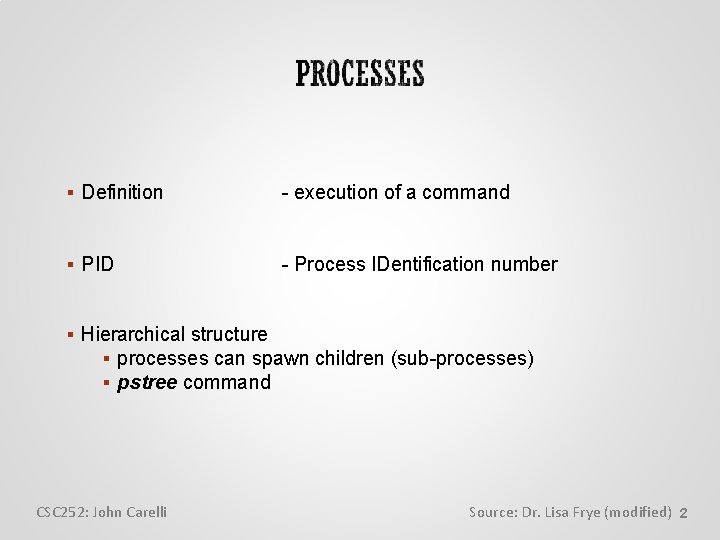  Definition - execution of a command PID - Process IDentification number Hierarchical structure