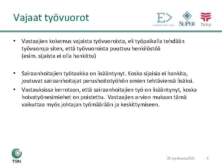 Vajaat työvuorot • Vastaajien kokemus vajaista työvuoroista, eli työpaikalla tehdään työvuoroja siten, että työvuoroista