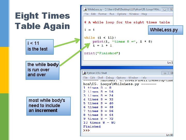 Eight Times Table Again While. Less. py i < 11 is the test the