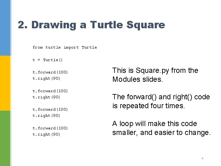 2. Drawing a Turtle Square from turtle import Turtle t = Turtle() t. forward(100)