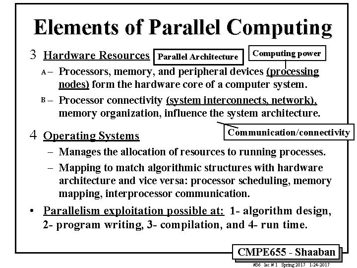 Elements of Parallel Computing 3 Hardware Resources Parallel Architecture Computing power – Processors, memory,