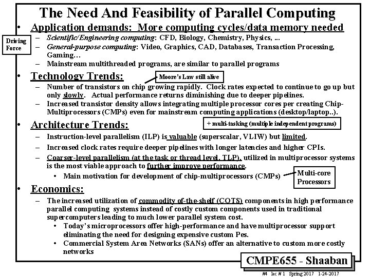 The Need And Feasibility of Parallel Computing • Application demands: More computing cycles/data memory