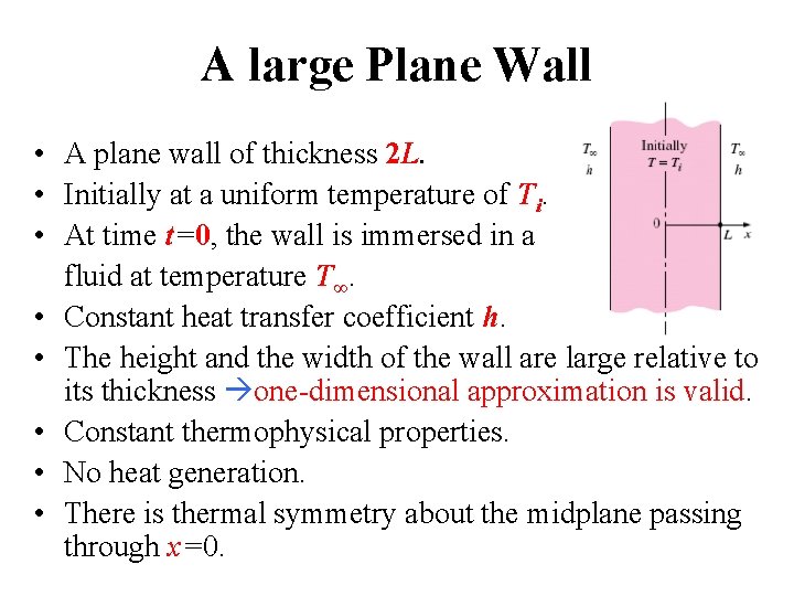 A large Plane Wall • A plane wall of thickness 2 L. • Initially