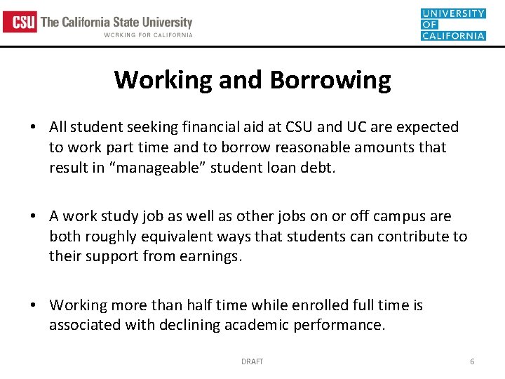 Working and Borrowing • All student seeking financial aid at CSU and UC are