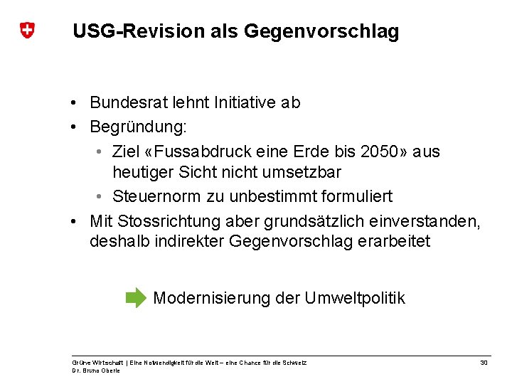 USG-Revision als Gegenvorschlag • Bundesrat lehnt Initiative ab • Begründung: • Ziel «Fussabdruck eine