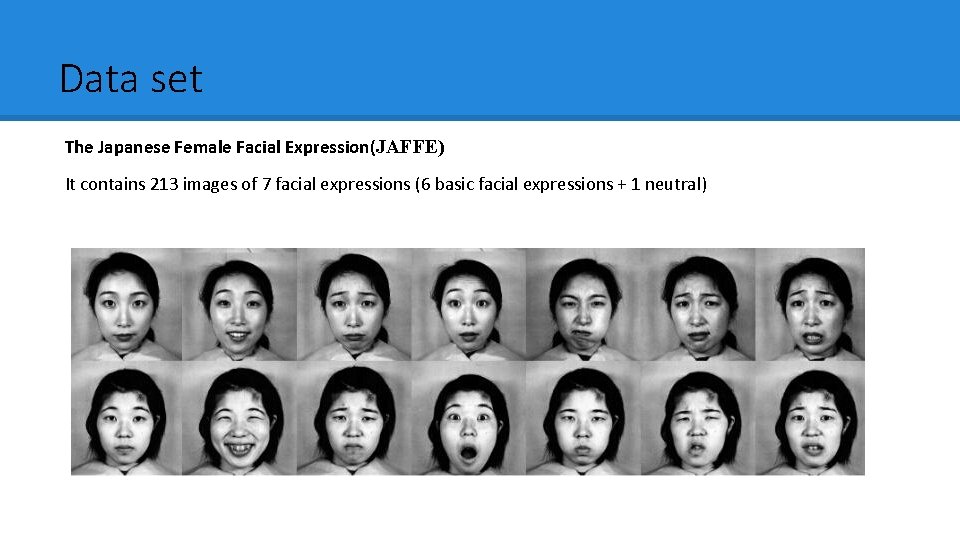 Data set The Japanese Female Facial Expression(JAFFE) It contains 213 images of 7 facial