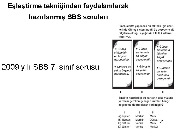 Eşleştirme tekniğinden faydalanılarak hazırlanmış SBS soruları 2009 yılı SBS 7. sınıf sorusu 31 