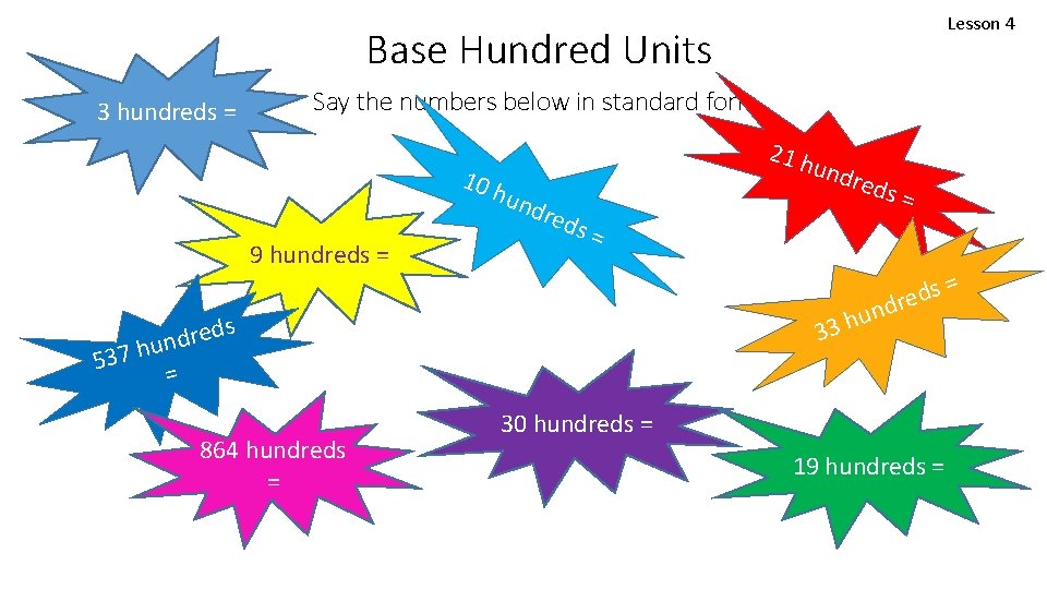 Lesson 4 Base Hundred Units 3 hundreds = Say the numbers below in standard