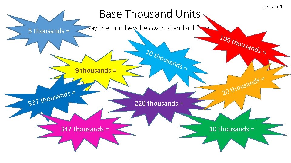 Lesson 4 Base Thousand Units Say the numbers below in standard form. 5 thousands