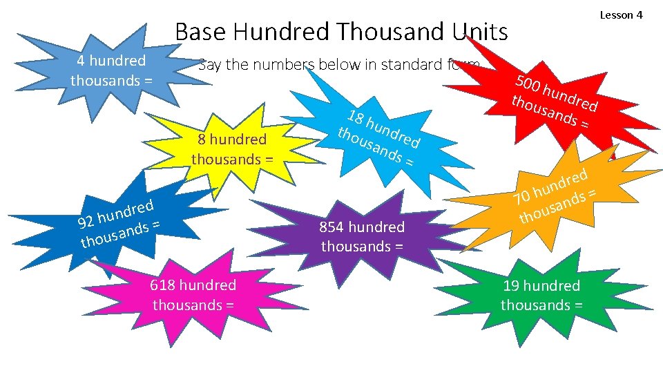 Lesson 4 Base Hundred Thousand Units 4 hundred thousands = Say the numbers below