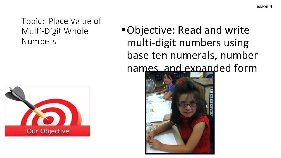 Lesson 4 Topic: Place Value of Multi-Digit Whole Numbers • Objective: Read and write