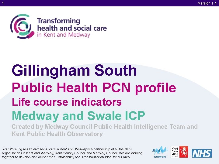 1 Version 1. 4 Gillingham South Public Health PCN profile Life course indicators Medway