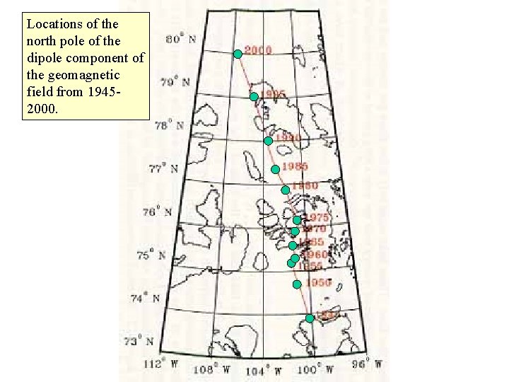 Locations of the north pole of the dipole component of the geomagnetic field from