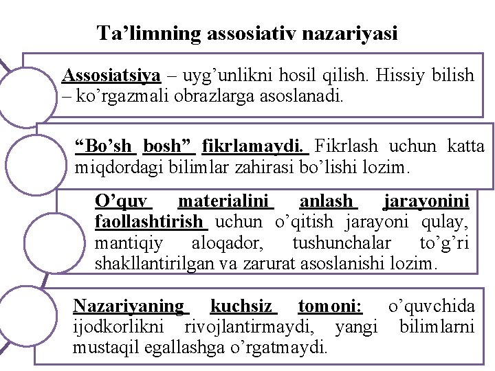 Ta’limning assosiativ nazariyasi Assosiatsiya – uyg’unlikni hosil qilish. Hissiy bilish – ko’rgazmali obrazlarga asoslanadi.