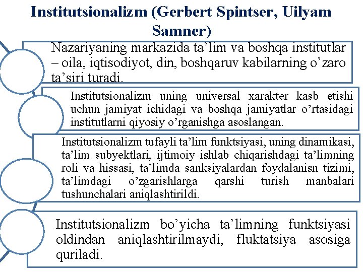 Institutsionalizm (Gerbert Spintser, Uilyam Samner) Nazariyaning markazida ta’lim va boshqa institutlar – oila, iqtisodiyot,