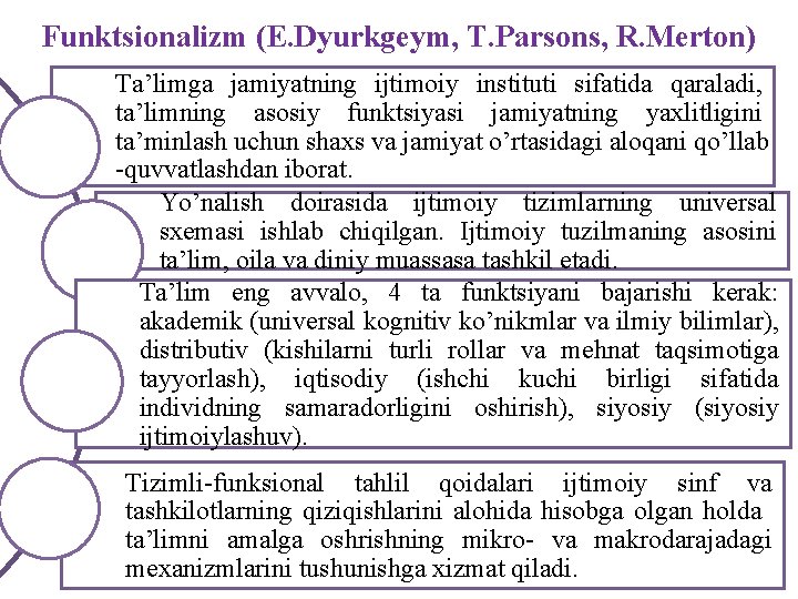 Funktsionalizm (E. Dyurkgeym, T. Parsons, R. Merton) Ta’limga jamiyatning ijtimoiy instituti sifatida qaraladi, ta’limning