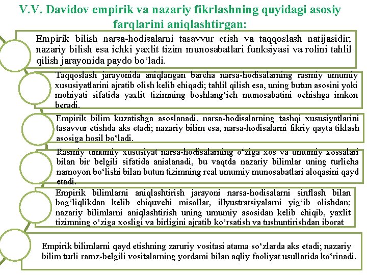 V. V. Davidov empirik va nazariy fikrlashning quyidagi asosiy farqlarini aniqlashtirgan: Empirik bilish narsa-hodisalarni