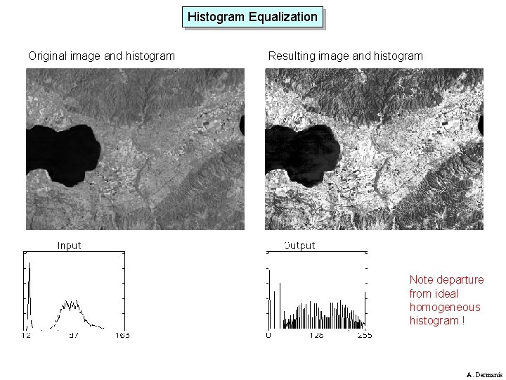 Histogram Equalization Original image and histogram Resulting image and histogram Note departure from ideal