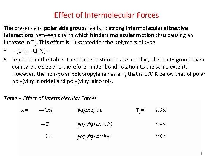 Effect of Intermolecular Forces The presence of polar side groups leads to strong intermolecular