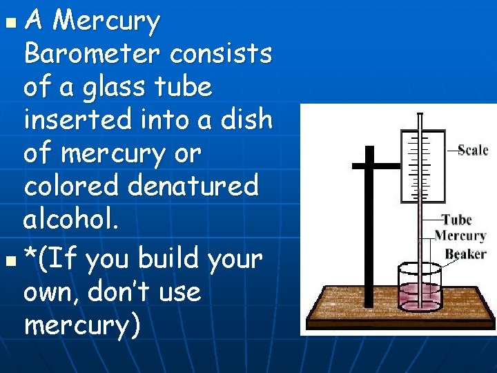 A Mercury Barometer consists of a glass tube inserted into a dish of mercury