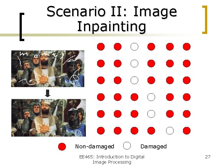 Scenario II: Image Inpainting Non-damaged Damaged EE 465: Introduction to Digital Image Processing 27
