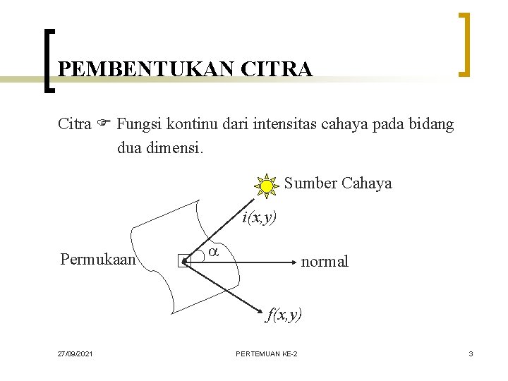 PEMBENTUKAN CITRA Citra Fungsi kontinu dari intensitas cahaya pada bidang dua dimensi. Sumber Cahaya