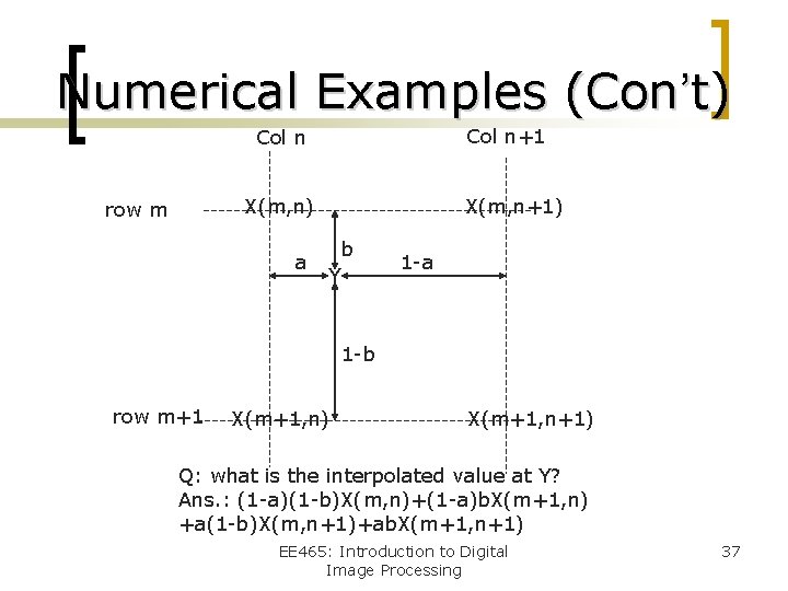 Numerical Examples (Con’t) Col n+1 Col n X(m, n) row m a X(m, n+1)