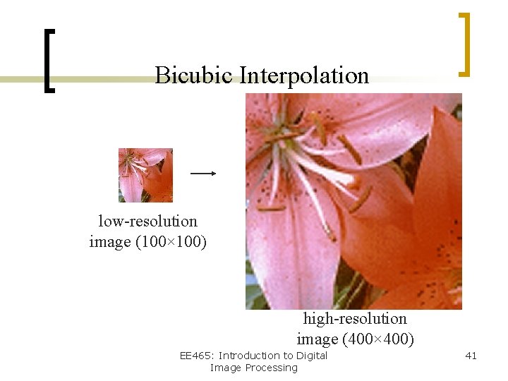 Bicubic Interpolation low-resolution image (100× 100) high-resolution image (400× 400) EE 465: Introduction to