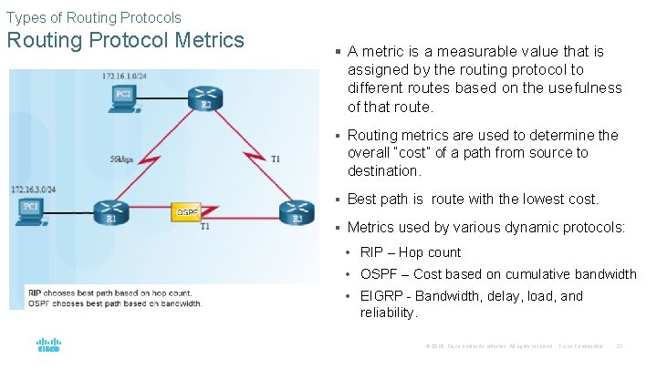Types of Routing Protocols Routing Protocol Metrics § A metric is a measurable value