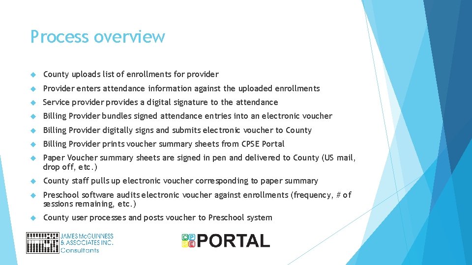 Process overview County uploads list of enrollments for provider Provider enters attendance information against