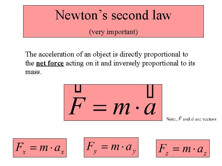 Newton’s second law (very important) The acceleration of an object is directly proportional to
