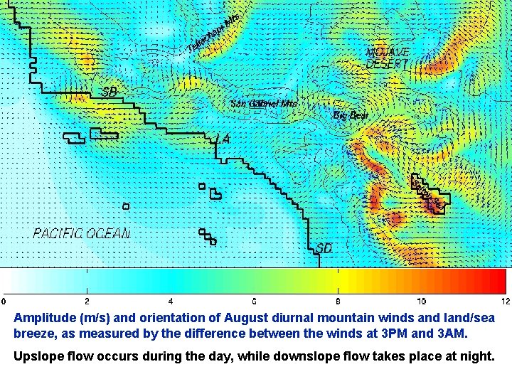 Amplitude (m/s) and orientation of August diurnal mountain winds and land/sea breeze, as measured