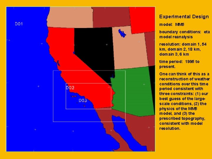 Experimental Design model: MM 5 boundary conditions: eta model reanalysis resolution: domain 1, 54