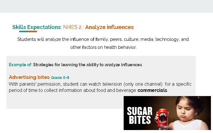 Skills Expectations: NHES 2 : Analyze influences Students will analyze the influence of family,