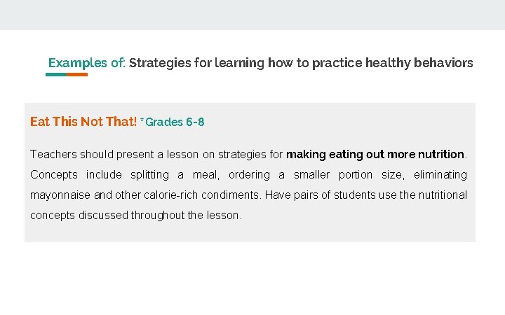 Examples of: Strategies for learning how to practice healthy behaviors Eat This Not That!